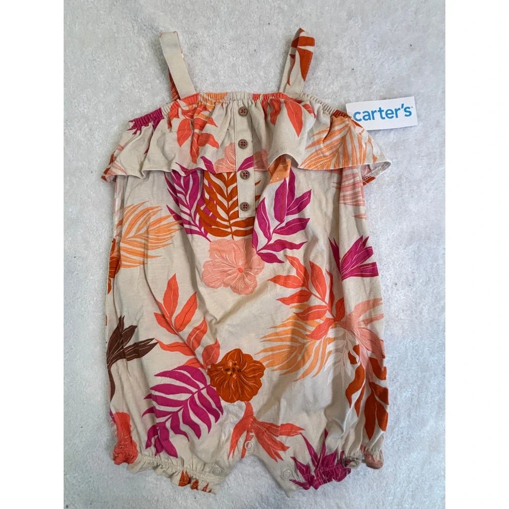 Carters Baby Girl Tropical‎ Floral Ruffle Romper Pink Orange 24M New